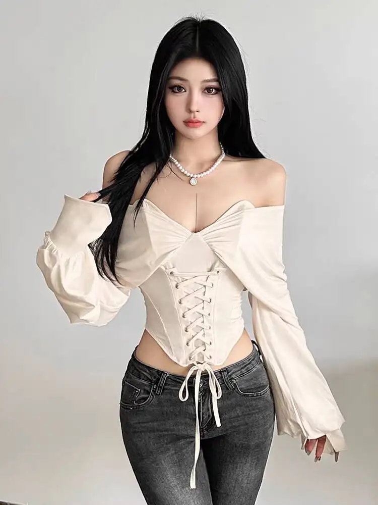 Women's Sexy Slim Waist Cincher Crop Top Y2K Strappy Boned Off Shoulder Long Sleeve Shirts 2 Way Wear Niche T-shirt