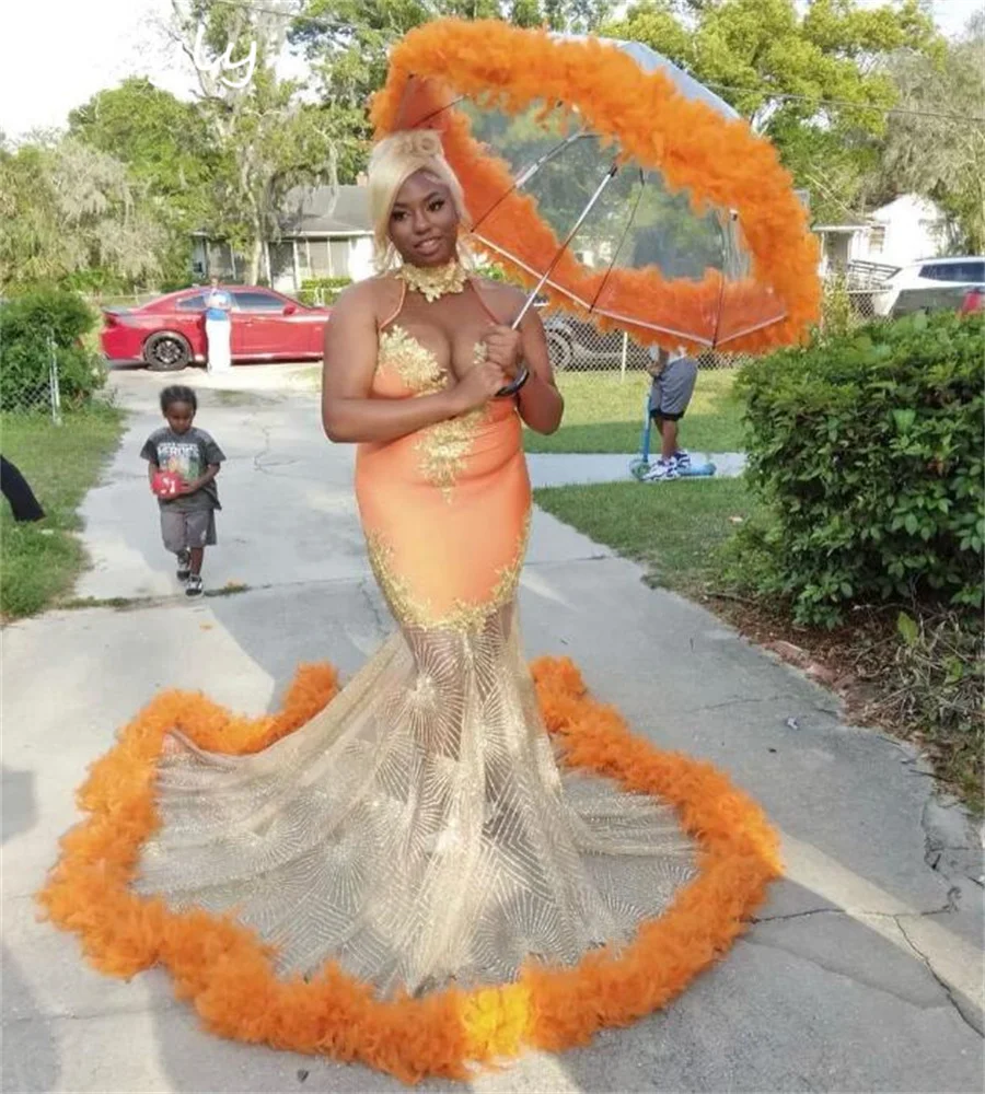 Verjaardag oranje galajurk met veren zeemeermin plus zwarte meisjes pailletten avond Nigeria formeel feest senior baddie aangepast