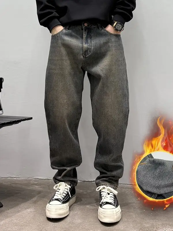 

Мужские джинсы в стиле ретро с флисовой подкладкой, модные свободные прямые повседневные брюки, осенне-зимние широкие брюки
