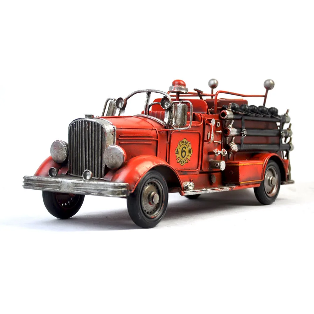 

Vintage Fire Truck Model Iron Deposit Can Children's Mini Fire Truck Metal Crafts Decoration Red Fire Truck