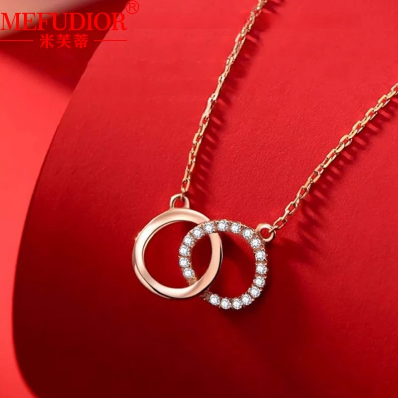 

18K Gold Double-Deck Circle Pendant Moissanite Diamond Necklace 45cm Long O-Chain Choker Rose Gold Women Party Jewelry Gift