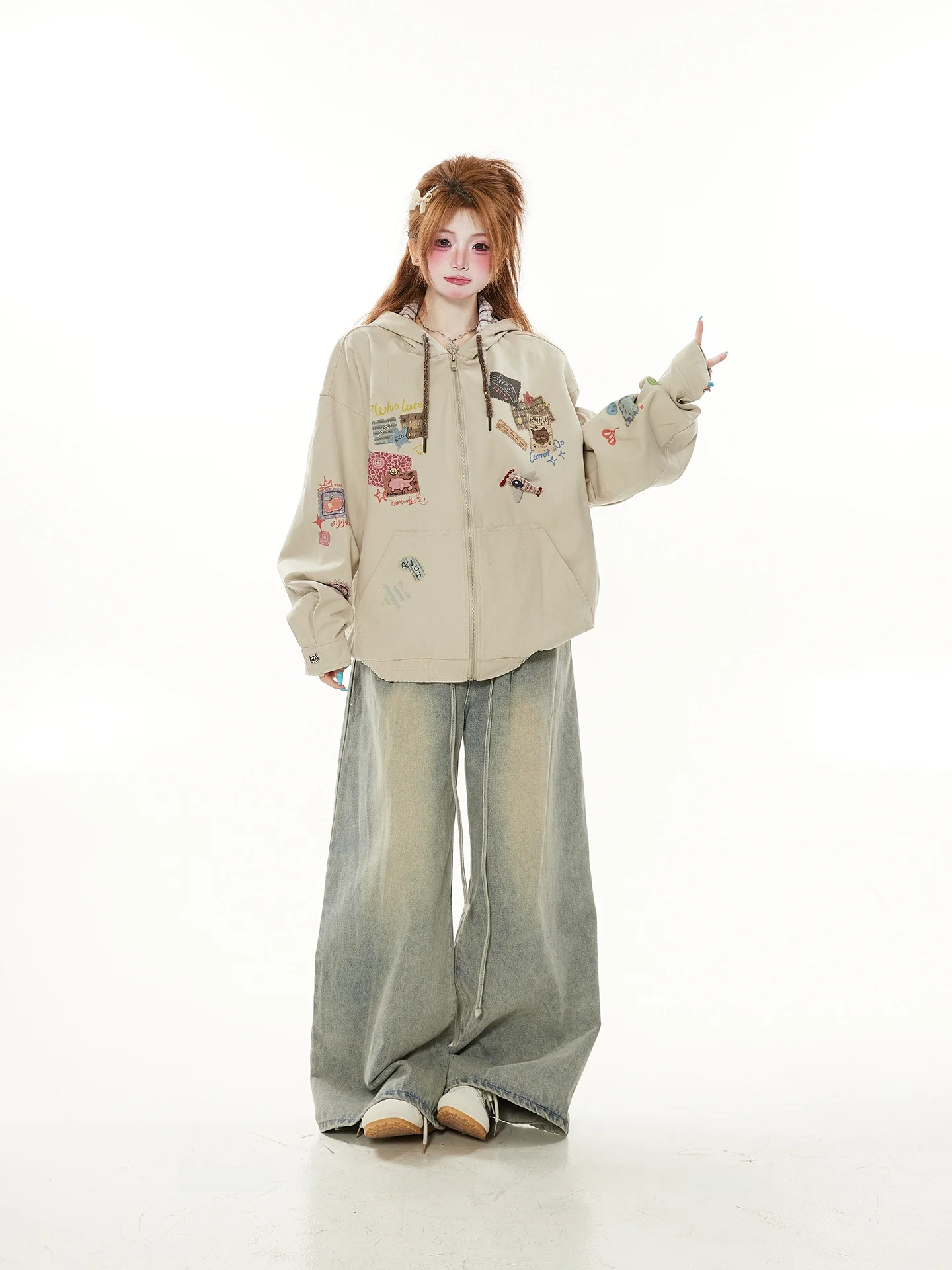 Cute Student Hooded Jacket Women's Spring Autumn Loose Fit High Zipper Cartoon Print Casual Fashion Outerwear