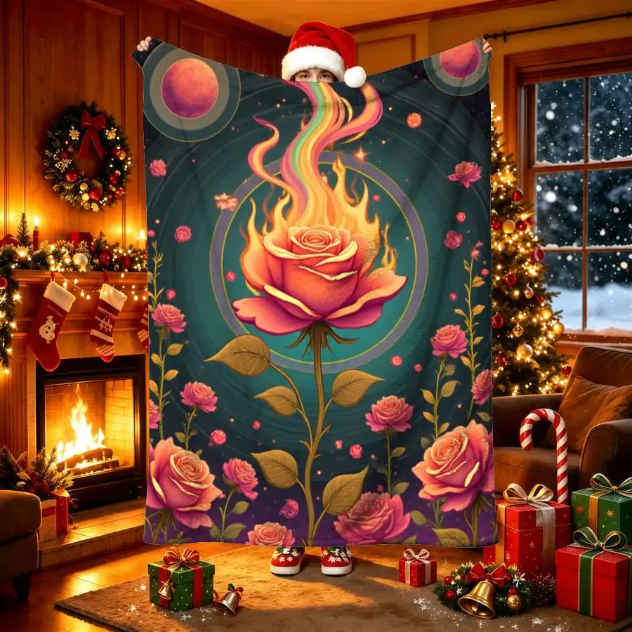 Rainbow‑flame Magic Rose Planet Surrounding Floral Art Print Soft Flannel Throw Blanket Warm Cozy Blanket For Sofa Bed