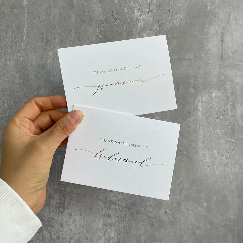 

Thank you for being my groomsman and thank you for being my bridesmaid card,real gold foil print .