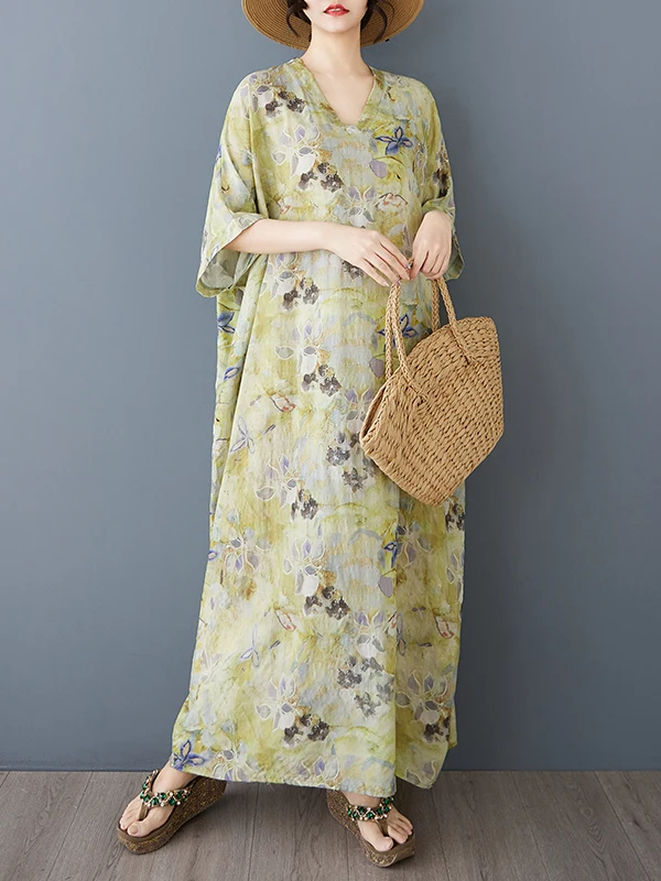 夏らしい花柄プリントのコットンリネンVネックワンピース、旅行や普段着に最適なゆったりとした半袖ロングスカート、体型を隠すツーリストドレス