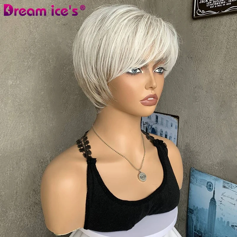 Gemischte weiße blonde kurze gerade gewellte Haare synthetische Pixie Cut Perücken mit Pony für Frauen High Tempre ture Fiber Lady tägliche Perücken