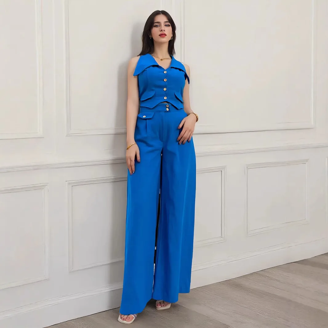 

2025 Women Fashion Solid V-neck Sleeveless Shirt Sets New Spring And Summer Button Vest Top Wide Leg Pants Office Casual Outfit