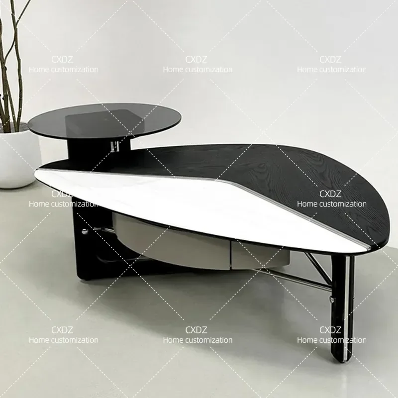 Modern Round Coffee Table Smoked Veneer Baking Paint Supercrystalline Stone Top Small Apartment Living Room Side Table TV