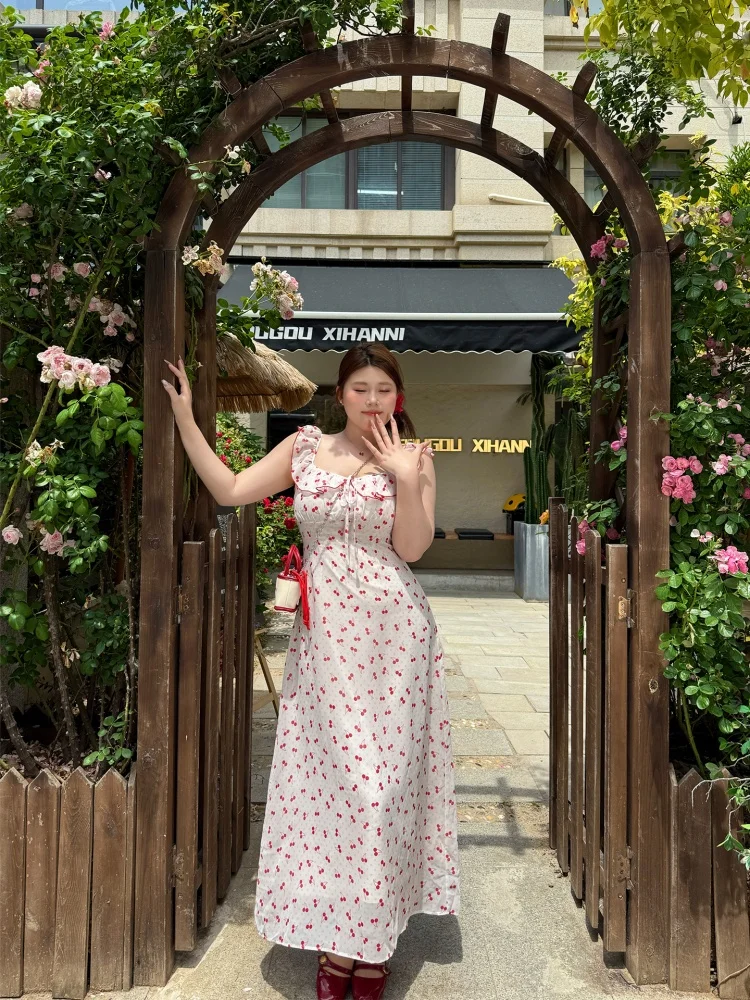 

Large Size Cherry Print High Waist Dr Women's Summer Casual Slimming A-Line Skirt Long Dr Korean Sle Commute Wind