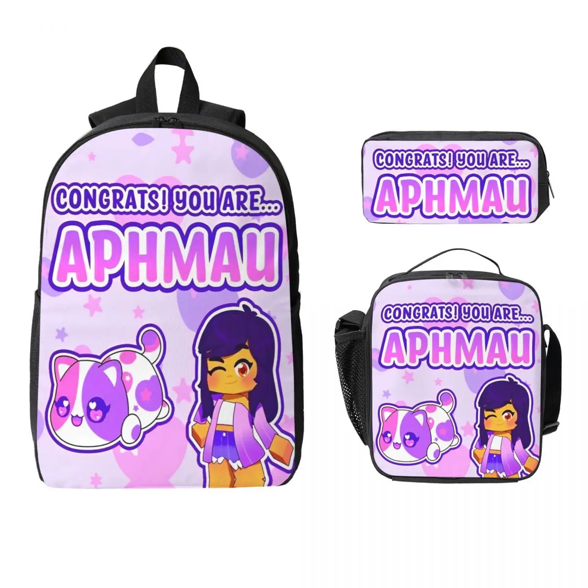 3Pcs APHMAU And Cats Accessories Backpack Set for Children Pen Bags Bookbag Sets with Lunch Box For School Students Daypack