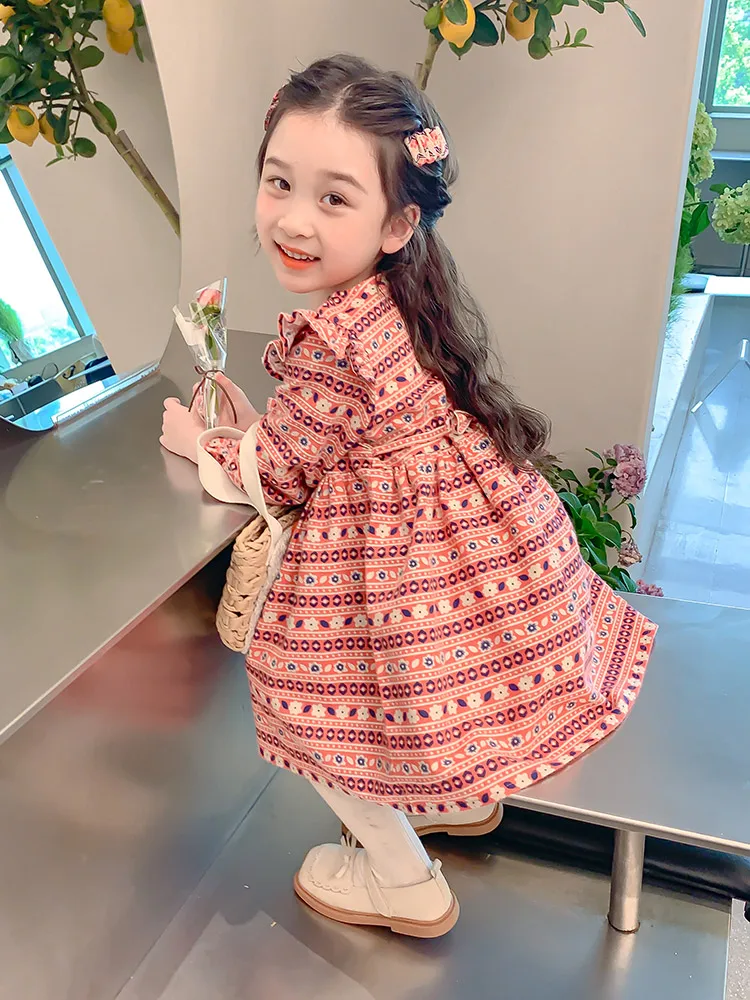 Princ Sle Long Sve 花柄プリント コットン Dr 女の子用 秋シーズン 子供服 スイート Sle ミディスカート