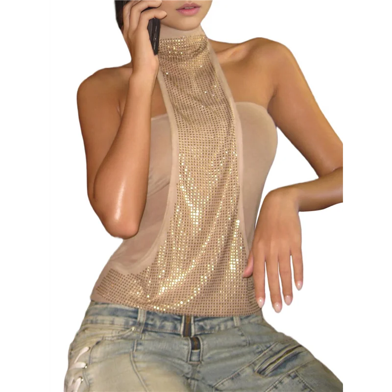 

AG-Women's 2025 Summer And Autumn Solid Color Hot Diamond Tie Halter Neck Strap Sleeveless Slim Fit Tops