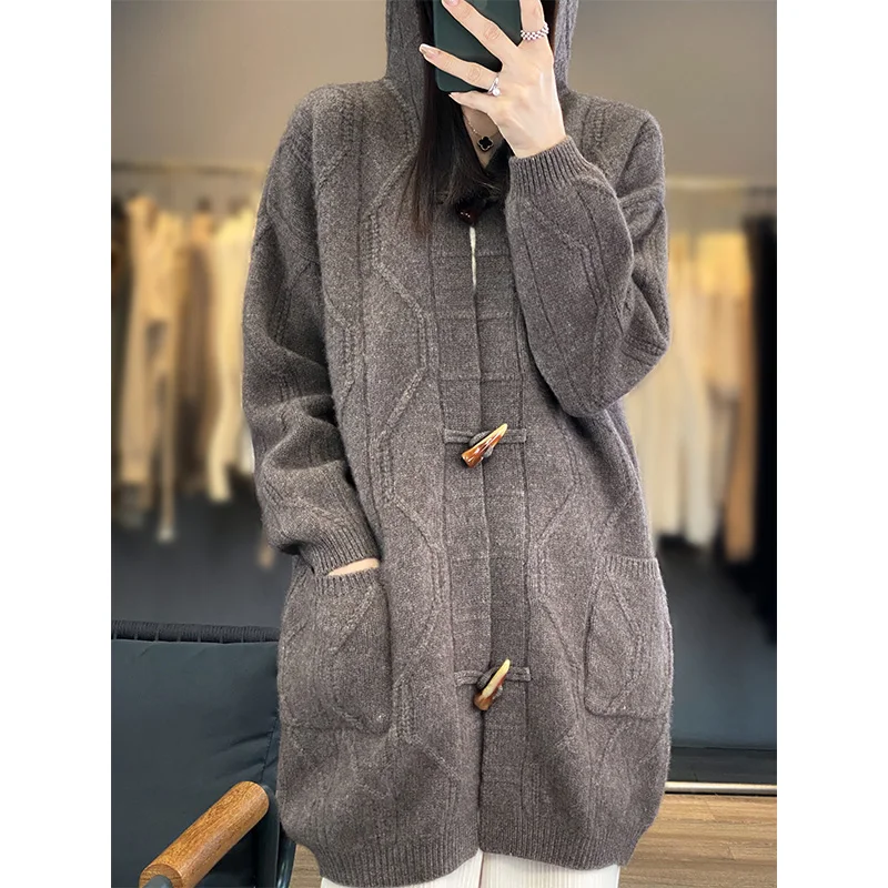 

100% Merino Wool Knitted Sweater Traf Official 2023 Autumn And Winter Women's New Buckle Cable Thickened Hooded Cardigan k2k