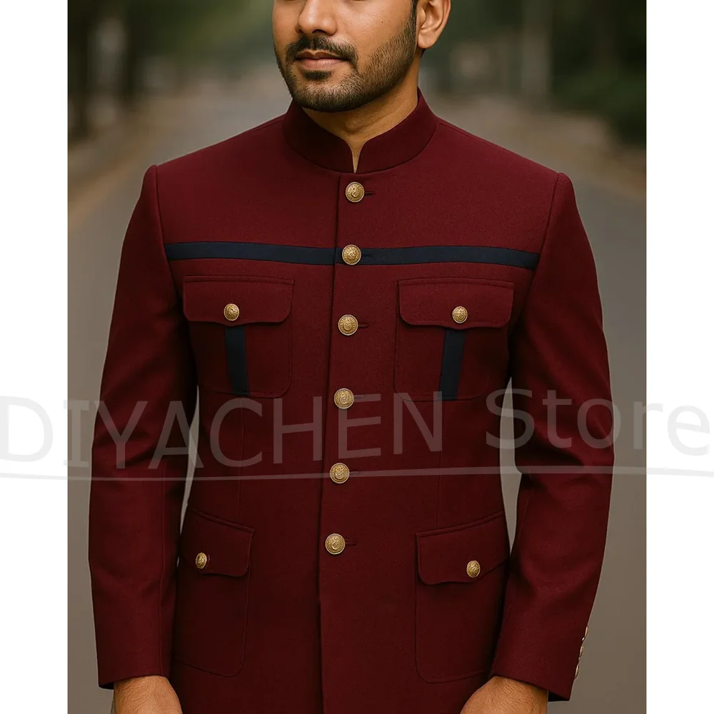 

Burgundy Men's Suit with Navy Contrast Stripes Multi Pocket Outfit Fashion Mandarin Collar Smart Casual Wedding Party Suits