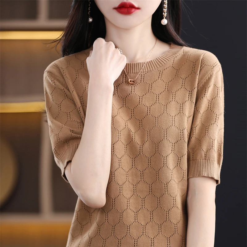 2023 new 100% cotton women's short-sleeved round neck knitted pullover women's short-sleeved loose fashion T-shirt top