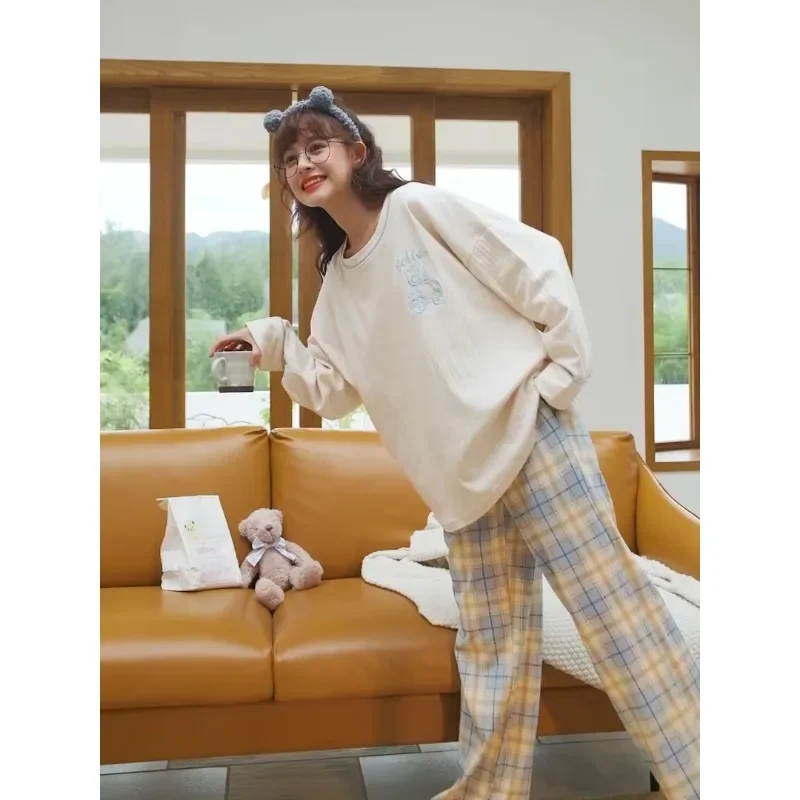 

Fall and Winter Women Plus Size Pajamas Long Sleeve Cartoon T-Shirt Plaid Student Loungewear Ladies Sleepwear Homewear 2PCS/Set