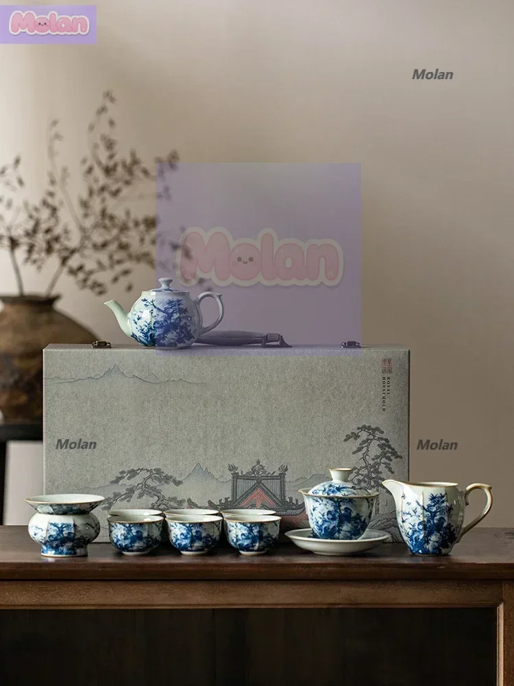 

Ru kiln kung fu tea set blue and white porcelain 2024 new teacup teapot household cover bowl ceramic Jingdezhen high-end