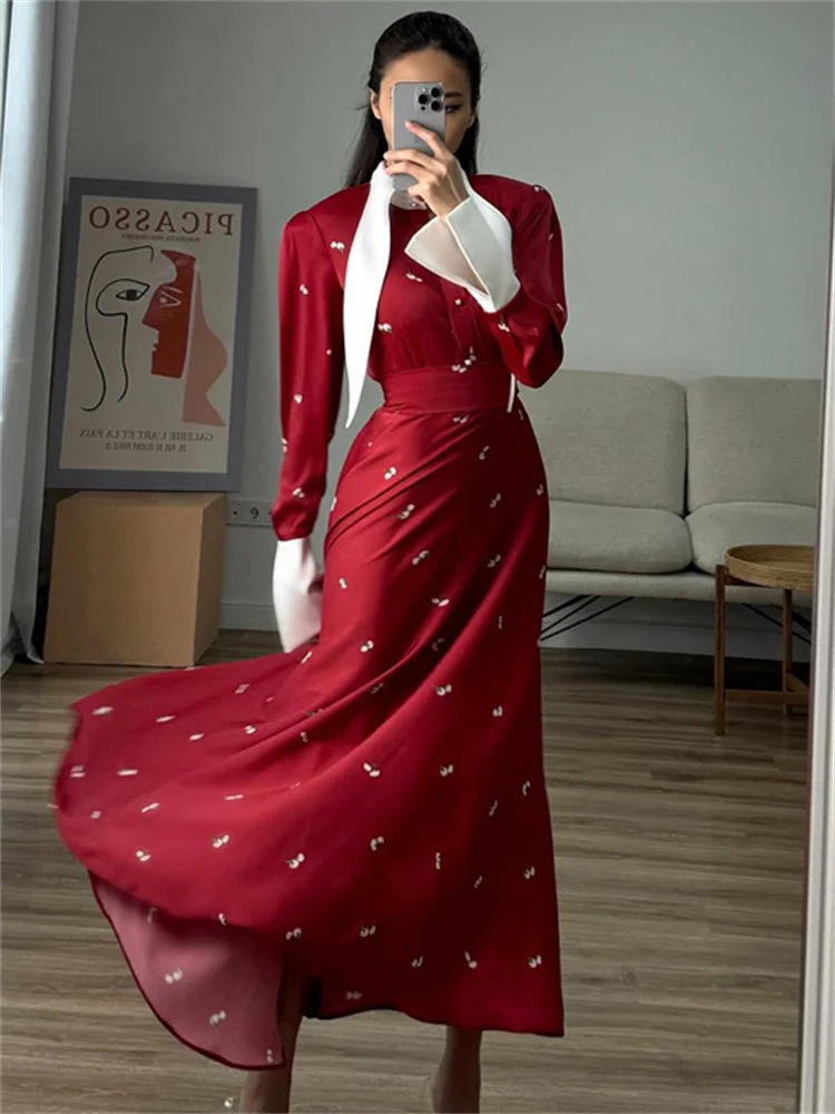 Tossy Elegant Satin Printed Long Dress Women's High Waist Patchwork Commute Slim Autumn 2024 Contrast Dress Female Maxi Dress