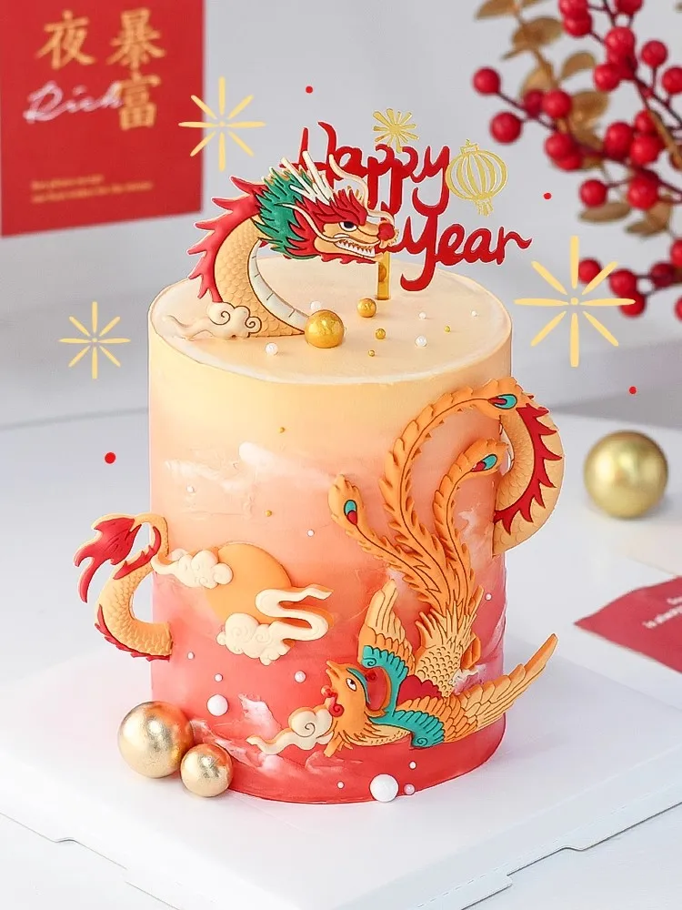 Chinese Style Happy New Year Cake Topper Dragon and Phoenix Topper Birthday Cake Decoration Supplies for Mon Dad Birthday Party