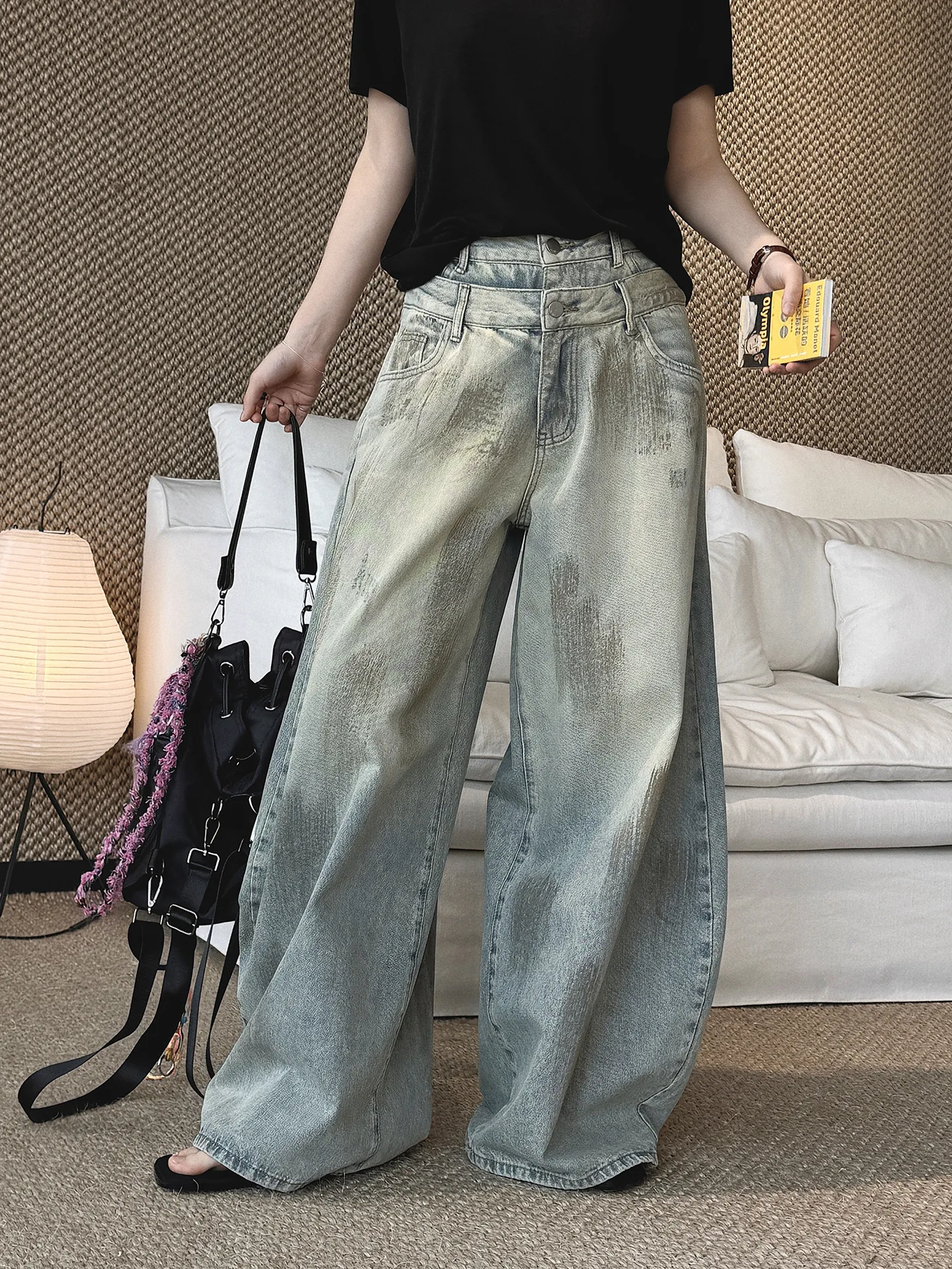 

Летние новые американские джинсы в стиле ретро Wasteland с двойной талией, винтажные, с эффектом потертости, широкие брюки-клеш для женщин