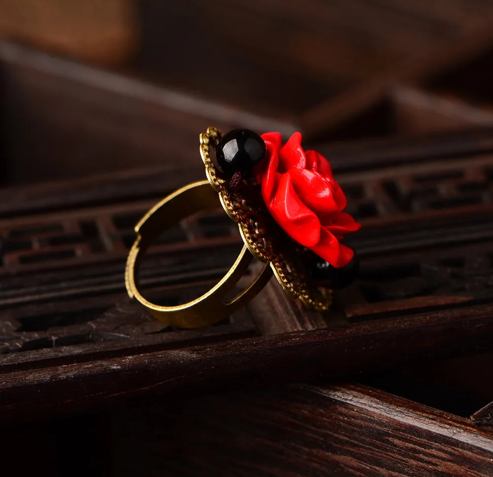 RetroGem Jewelry Gothic Style Adjustable Red Rose Flower Antique Bronze Rings for Women Trendy Vintage Party Wedding Accessories