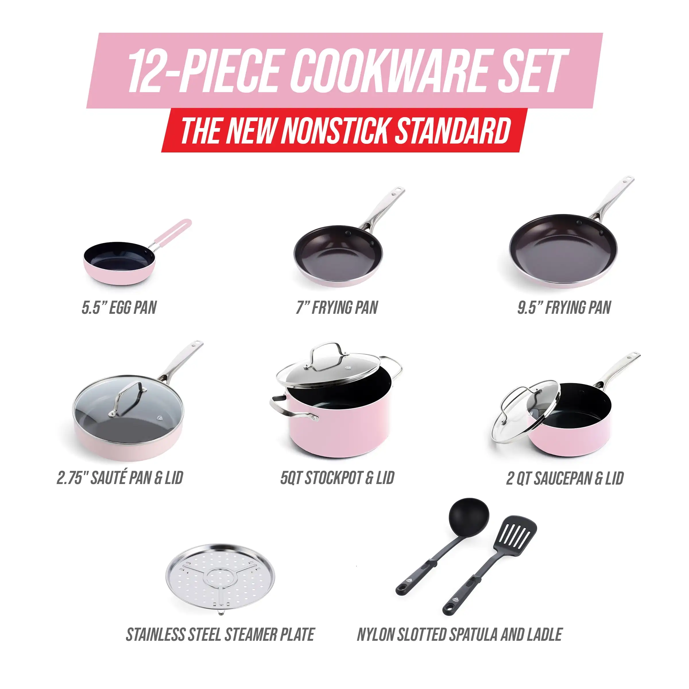 Toxin Free Ceramic and Dishwasher Safe 12 Piece Pots and Pans Cookware Set Pink Clear Glass Lids Stainless Steel Handle