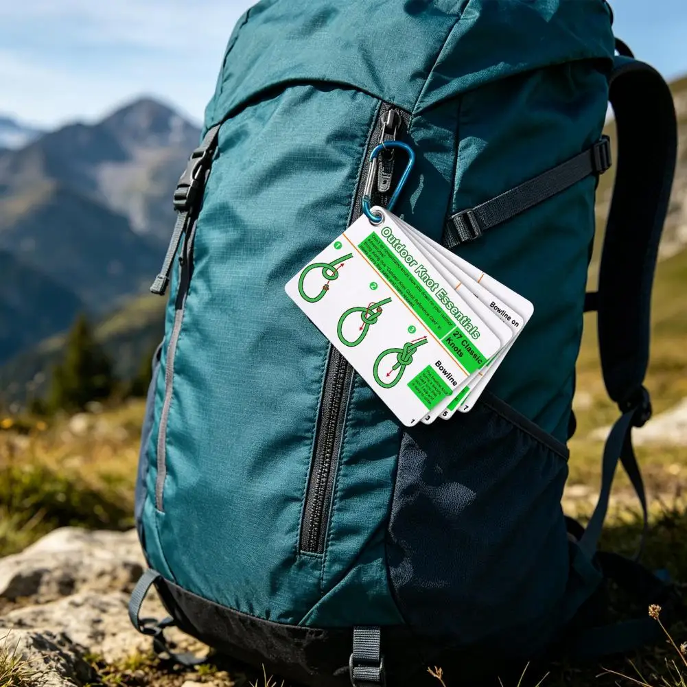 Rope Knot Guide Cards with Carabiner 27 Classic Knots Reference, Pocket Size for Outdoor Camping Climbing Easy Reference