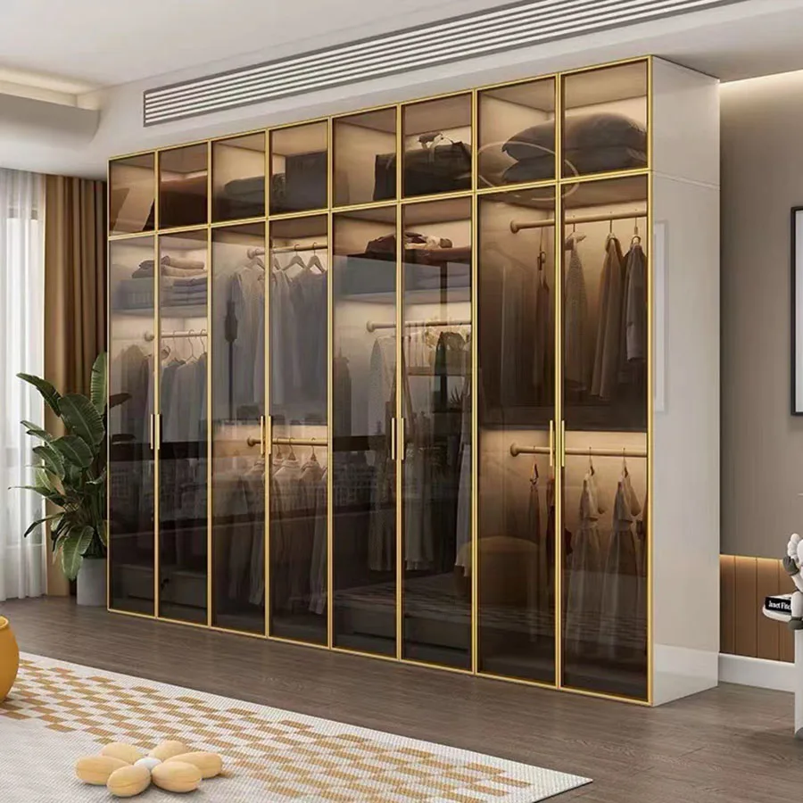 

Transparent Wardrobes Glass Door Gold Handle Inside Lights Nordic European Design Closet Partition Komody Bedroom Furniture