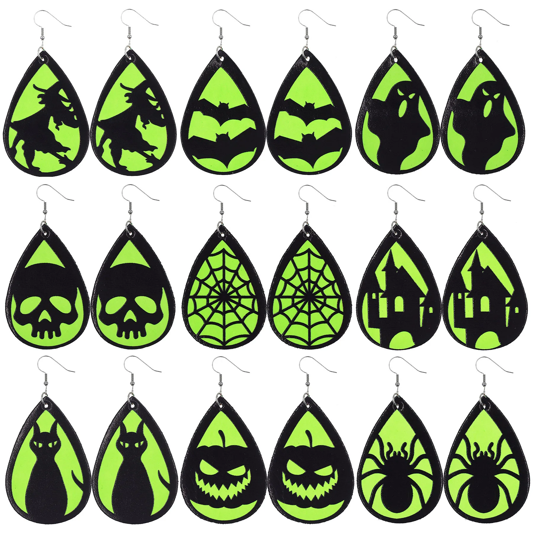 Halloween Terror Fluorescent Bat Ghost Earrings Creative Glow Skeleton Black Cat Pumpkin Spider Punk Leather Drop Earrings