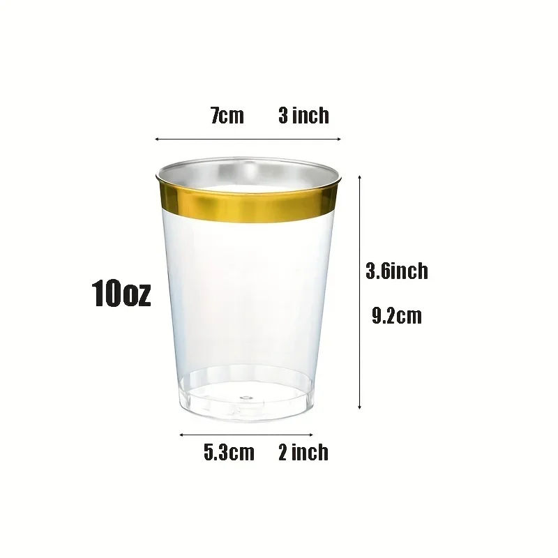 20pcs 10oz Clear Golden Rimmed Plastic Cups Wine Glasses Elegant Disposable Plastic Tumblers for Weddings Parties Ice Cream Cup