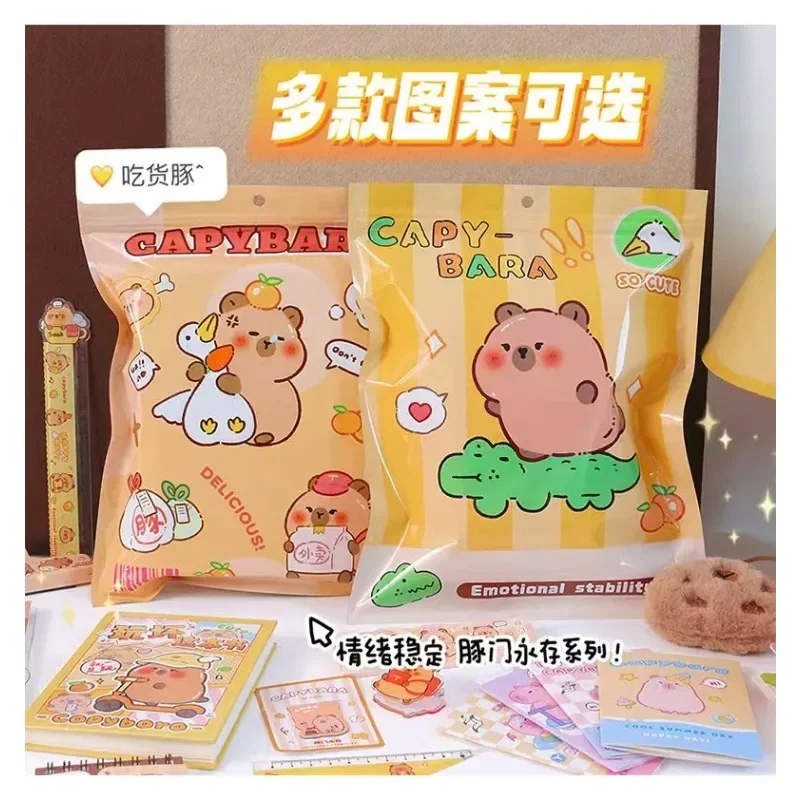 Random 7Pcs Capybara Stationery Lucky Gift Bag Cute Ruler notebook sticky note stickers tapes clip bookmarks Birthday Gift