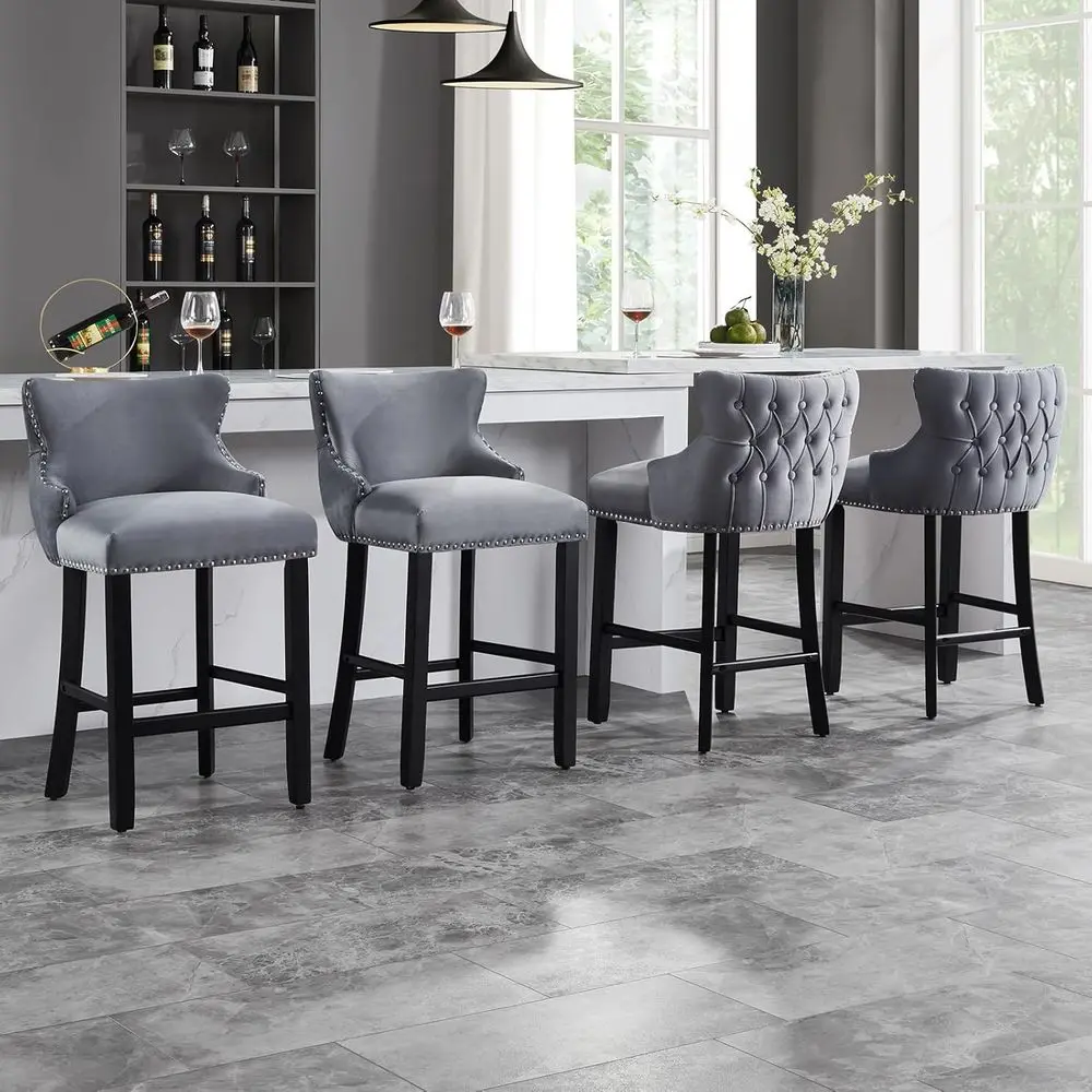 

Set of 4 Velvet Tufted Counter Height Bar Stools with Backrest, Upholstered Wooden for Kitchen Island, Dining, Cafe, and Pub Use