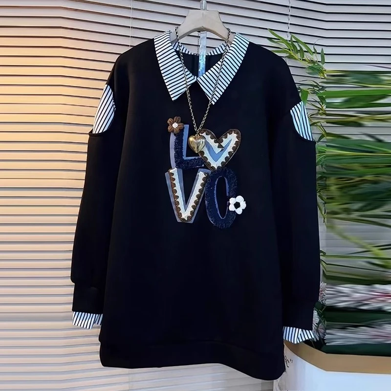 2023 Lente Herfst Nieuwe Plus Size Nep Twee Stukken Gestreepte Letter Losse Sweatshirt Mode Koreaanse Medium Lange Mouw Sweatshirts