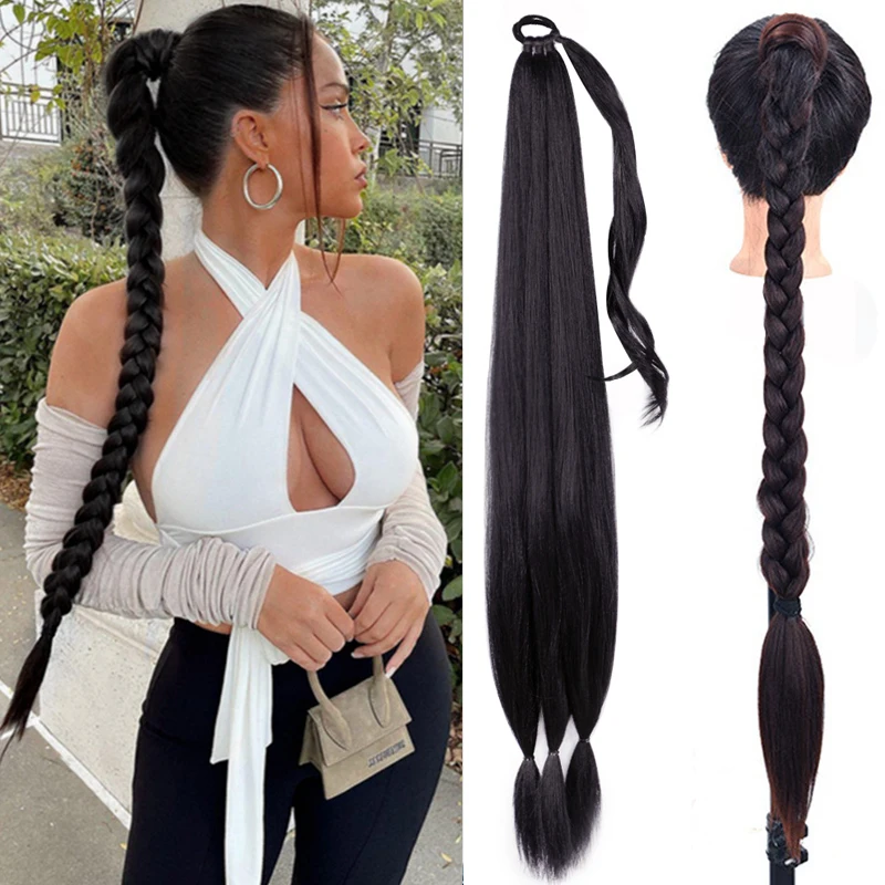 Fancied Synthetic Braided Ponytail Extensions Long Black Hairpiece Pony Tail with Hair Tie for Women High Temperature Fiber