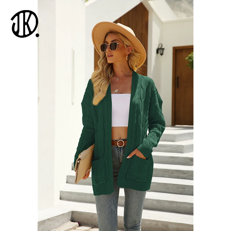 

New Arrivals Twist Pocket Female Sweater Cardigan Winter Knitted Pure Color Coat Vintage Loose Boho Long Jacket Female Knitwears