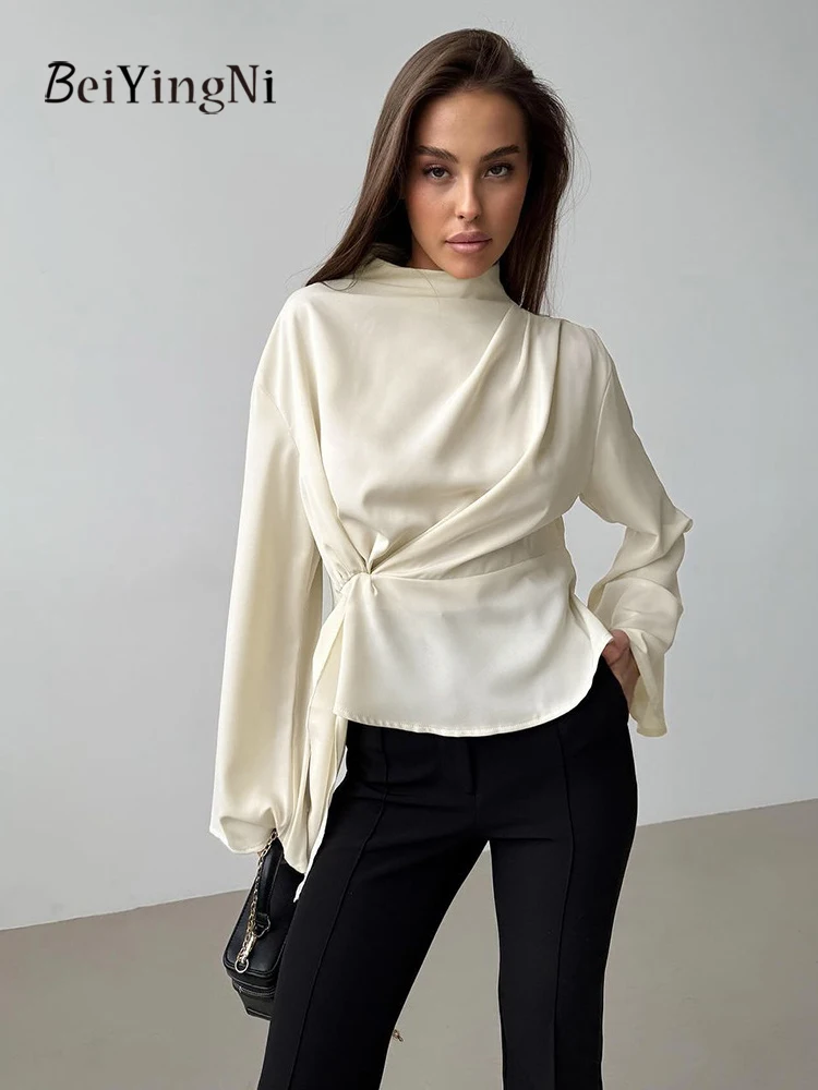 

Beiyingni, женские блузки с французским воротником-стойкой, топы, шифоновая рубашка с рюшами и расклешенными рукавами, женские новые модные абрикосовые блузки для поездок на работу
