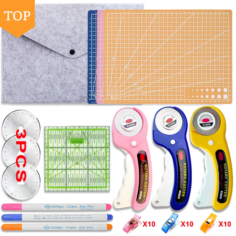 45mm Rotary Cutter and Fabric Scissors Set - Advanced Sewing Tools with Safety Lock, Includes Spare Blades, Storage Bag, Cutting Board, Marking Pen, Acrylic Ruler, Cutting Mat, Suitable for Patchwork, Clothing Making, DIY Crafts