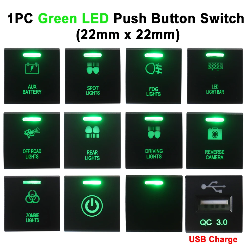 12V Push Button Switch Led Light Bar ON/Off Green LED 22 x 22mm for Toyota Prado 150 Series Camry Hiace Corolla LandCruiser RAV4