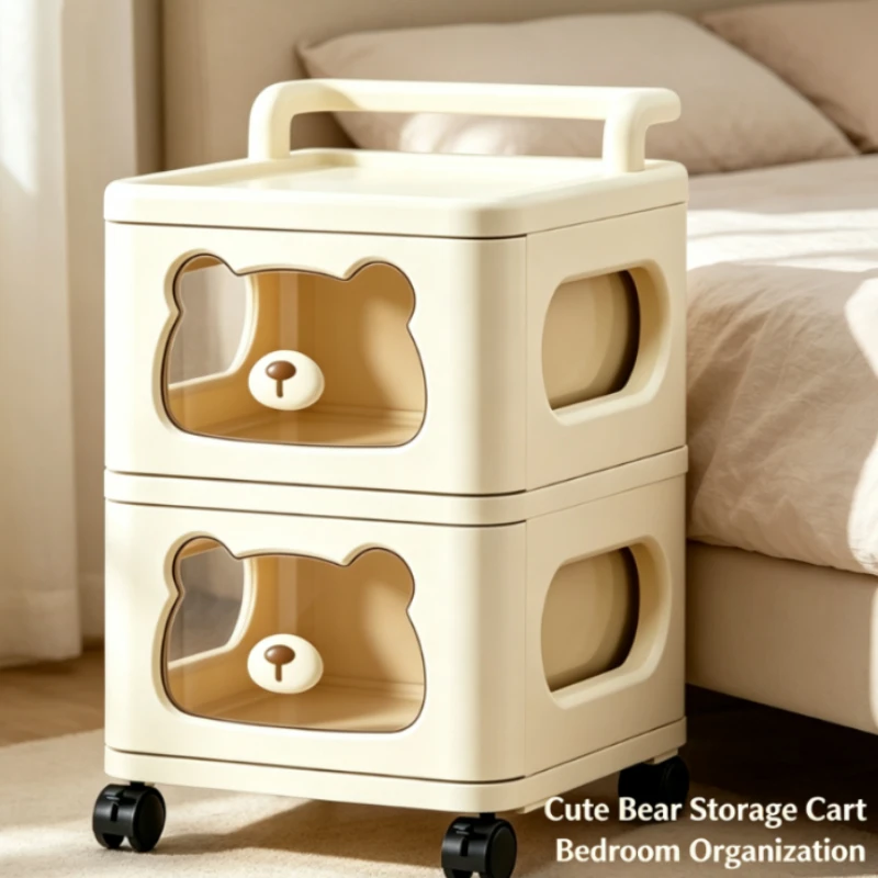 Rolling Storage Cart With Two Tier Bear Drawer Beige Plastic Organizer For Bedroom Living Room Kitchen Bathroom Home Office Use