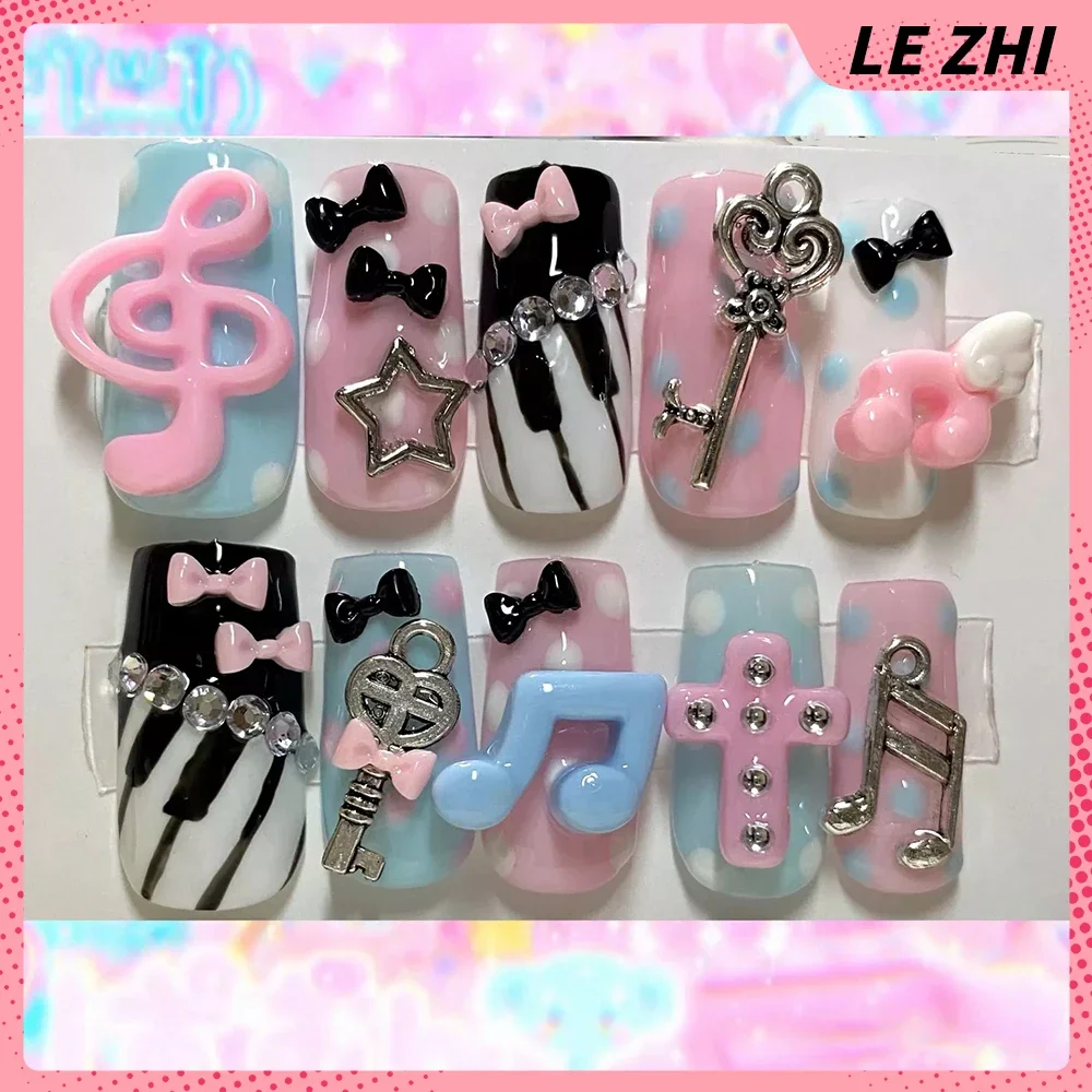 Kawaii 3D Handmade Cute Cat Press On Gel Nail Art Y2K Striped Note Design Almond Customizable Fake Nails Hand-Drawn Japan Korea
