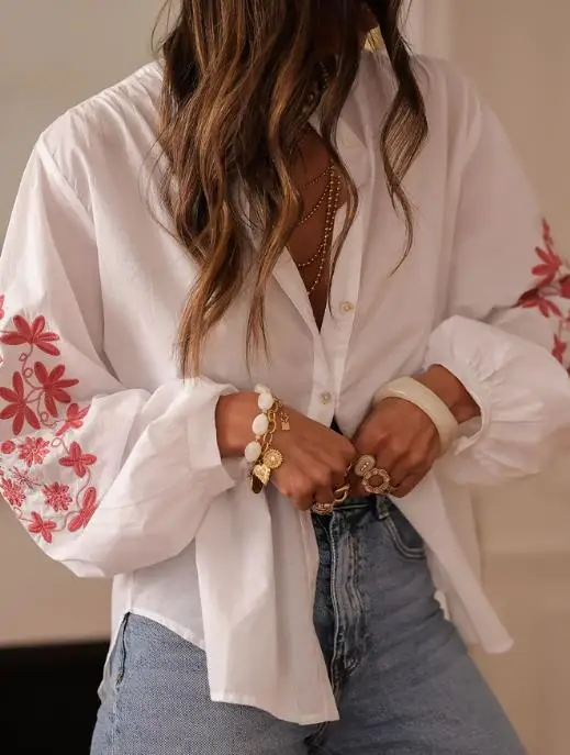 الملابس النسائية 2025 الخريف رقيقة قميص أنيق فضفاض ملصق مائي بأكمام طويلة النمط الصيني قميص خمر مطبوعة قميص أنيق