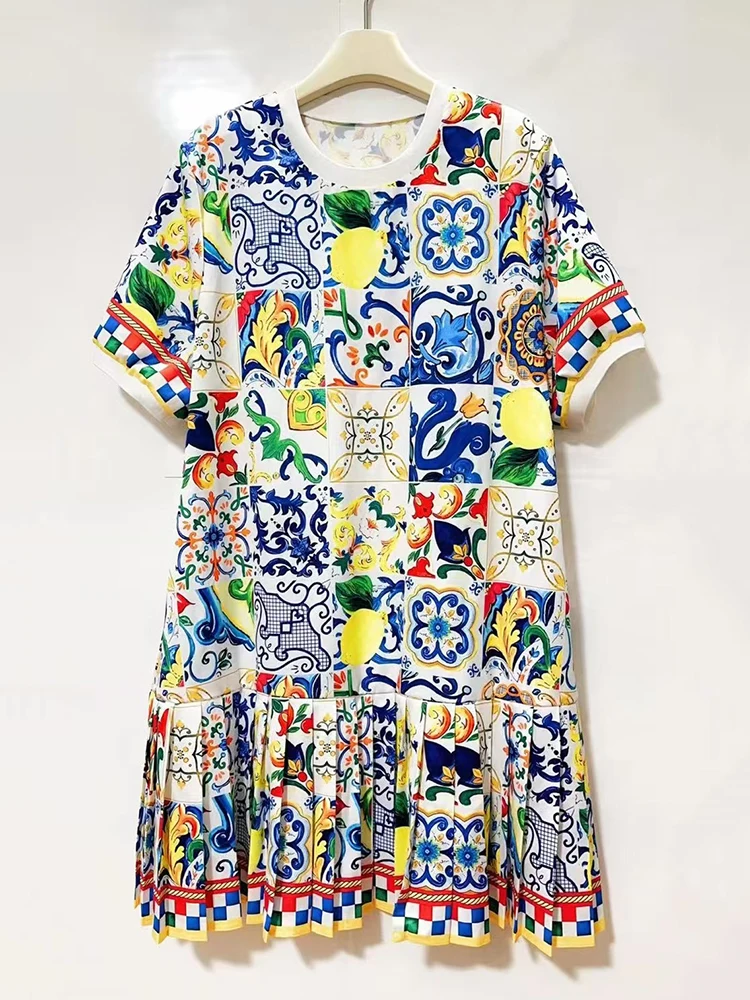 Designer retro impressão geométrica em torno do pescoço pulôver camiseta vestido 2025 verão vestido feminino solto plissado saia inchada