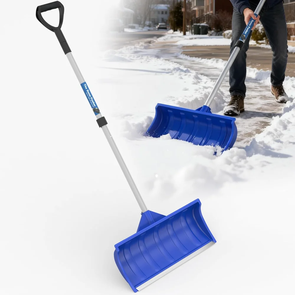 

Snow Pusher Shovel for Driveway and Garage, D-Grip Handle with Aluminum Strip for Home Outdoor