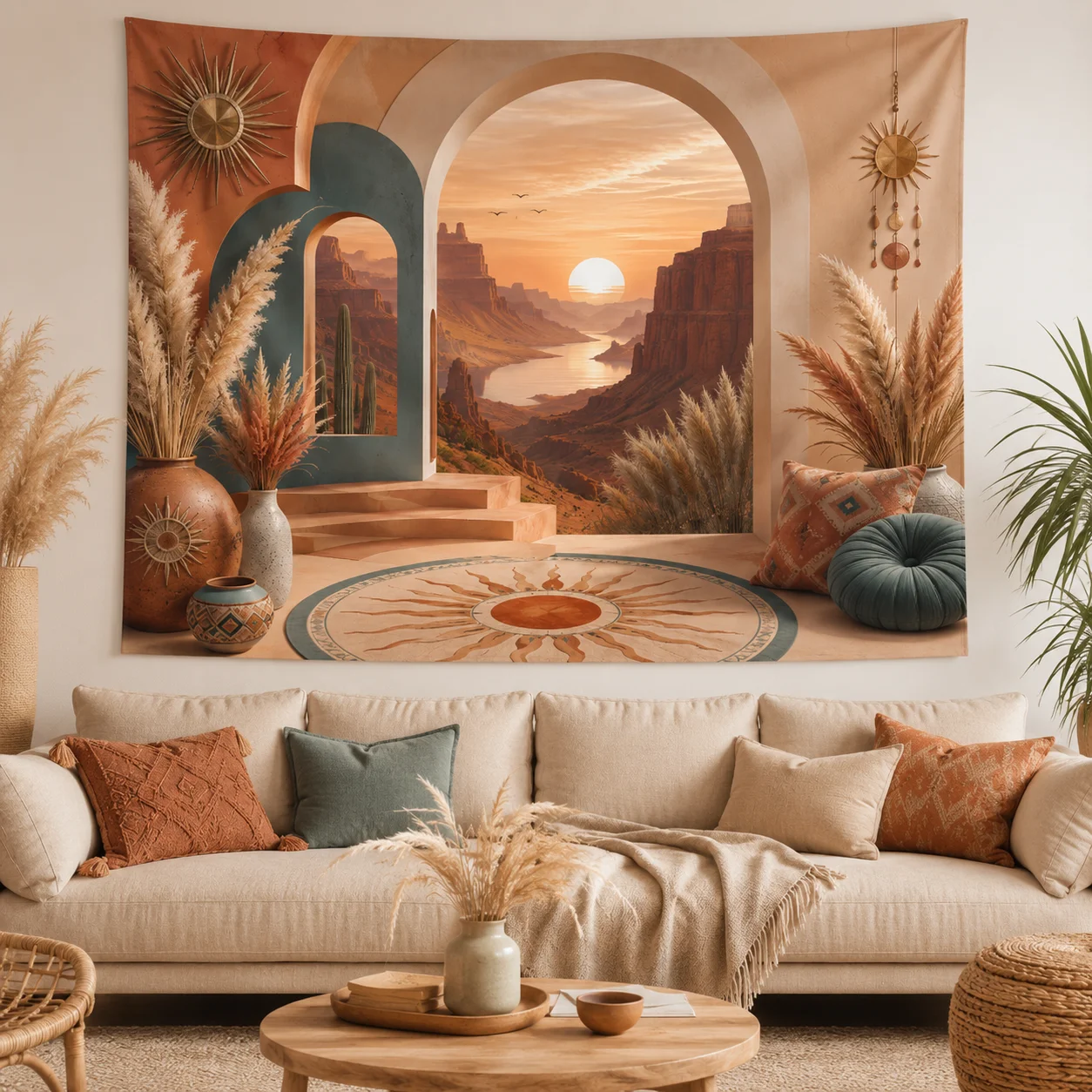 Boho Arch Wall Tapestry Aesthetic Room Decor Desert Sunset Tapestries for Bedroom Pampas Grass Landscape Hanging Blanket