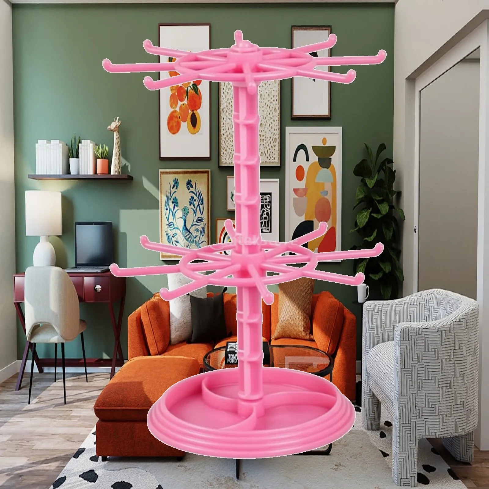 Jewelry Organizer Stand Rotating Display Rack for Necklaces Bracelets Rings with Pink Glossy Finish Storage