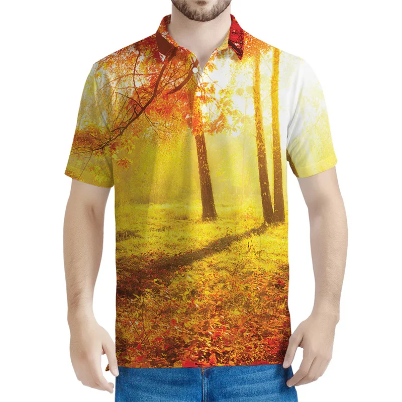 

Autumn Forest 3D Printed Polo Shirt For Men Landscape Pattern Short Sleeves Summer Street Lapel T-shirt Button Loose Tee Shirts