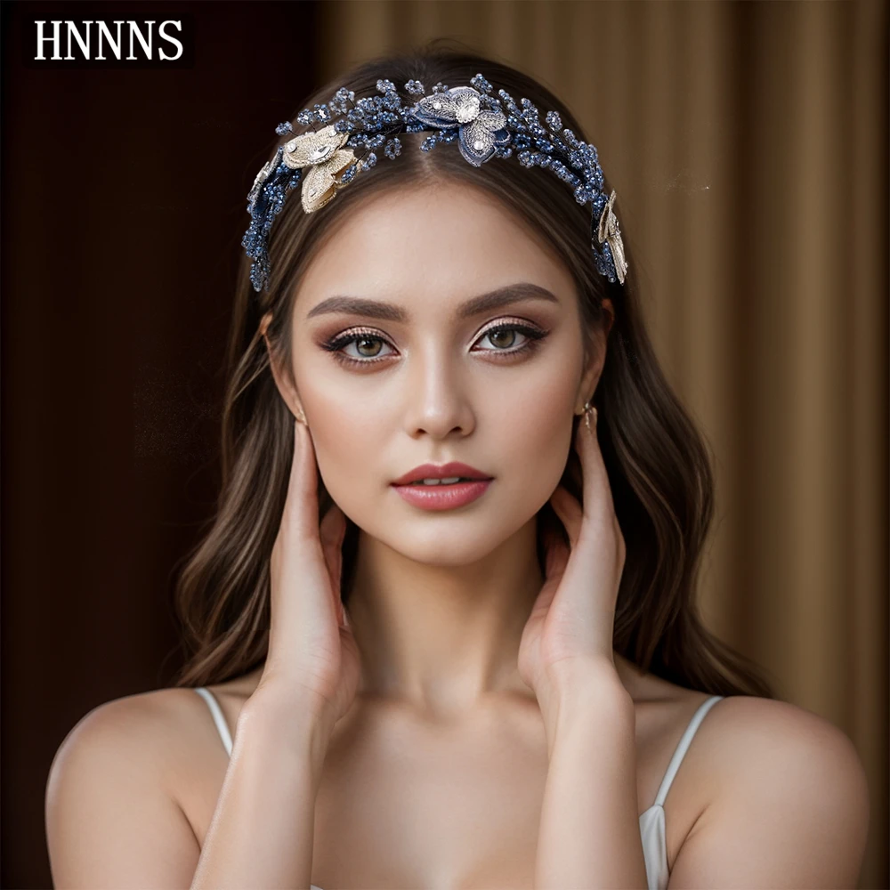 

HNNNS Embroidered Butterfly Headband Blue Crystal Beaded Headpiece Vintage Elegant Headdress Party Prom Hair Accessories A208