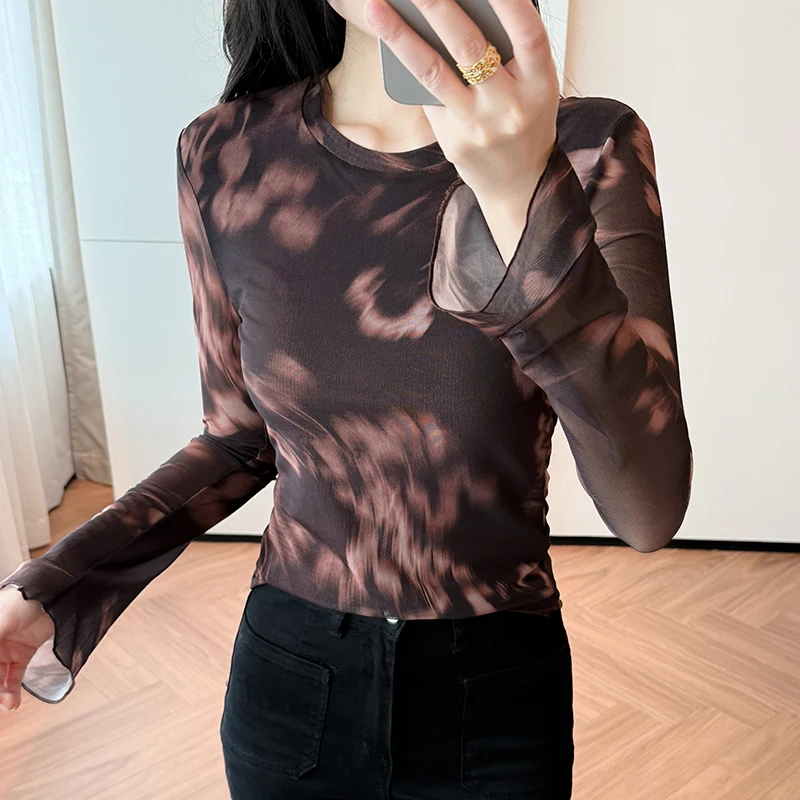 

Spring,New,European,Clothes,Mesh,T-Shirt,Chic,Sexy,O-Neck,Tie-dye,Print,Women,Tops,Flare Sleeve,Pullover,All Match,Tees,59016