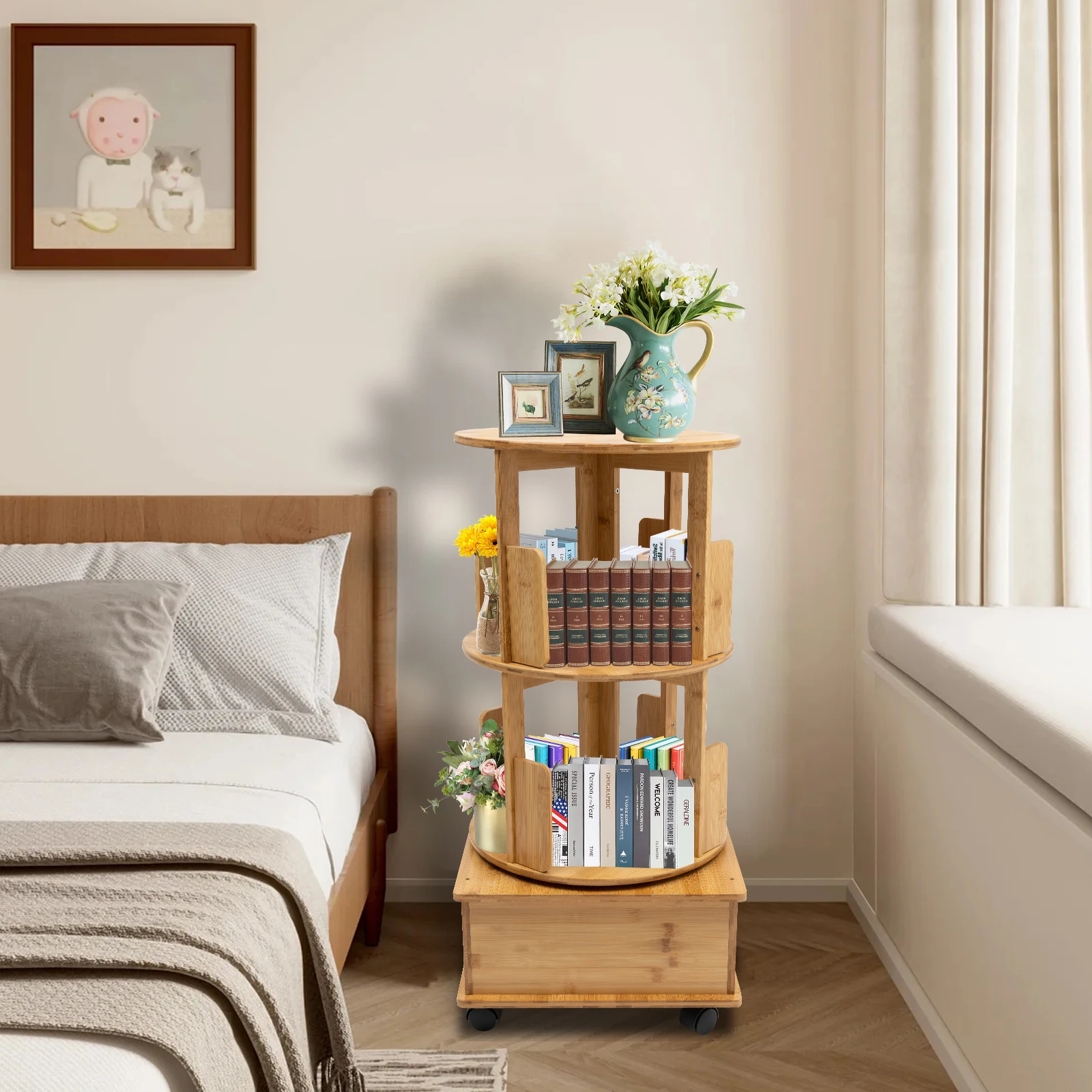 Multi Storage Table Bamboo Night Table Side Table With Rolling Wheels Removable Swivel Bookcase for Bedroom/Living Room