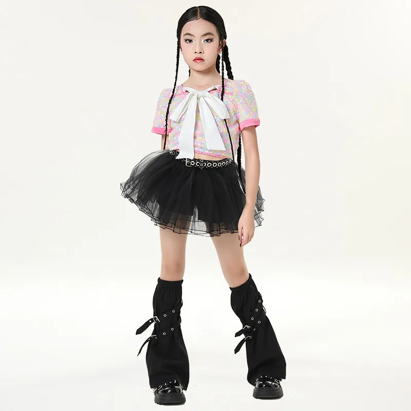 2026 Children Ballroom Hip Hop Dance Costumes For Girls Group Sequin Crop Tops Black Mesh Skirts Suit Jazz Stage Wear XH4374